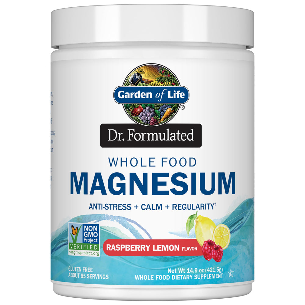 Garden of Life Dr. Formulated Whole Food Magnesium Powder bottle promotes nightly relaxation and ease.
