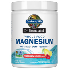 Garden of Life Dr. Formulated Whole Food Magnesium Powder bottle promotes nightly relaxation and ease.