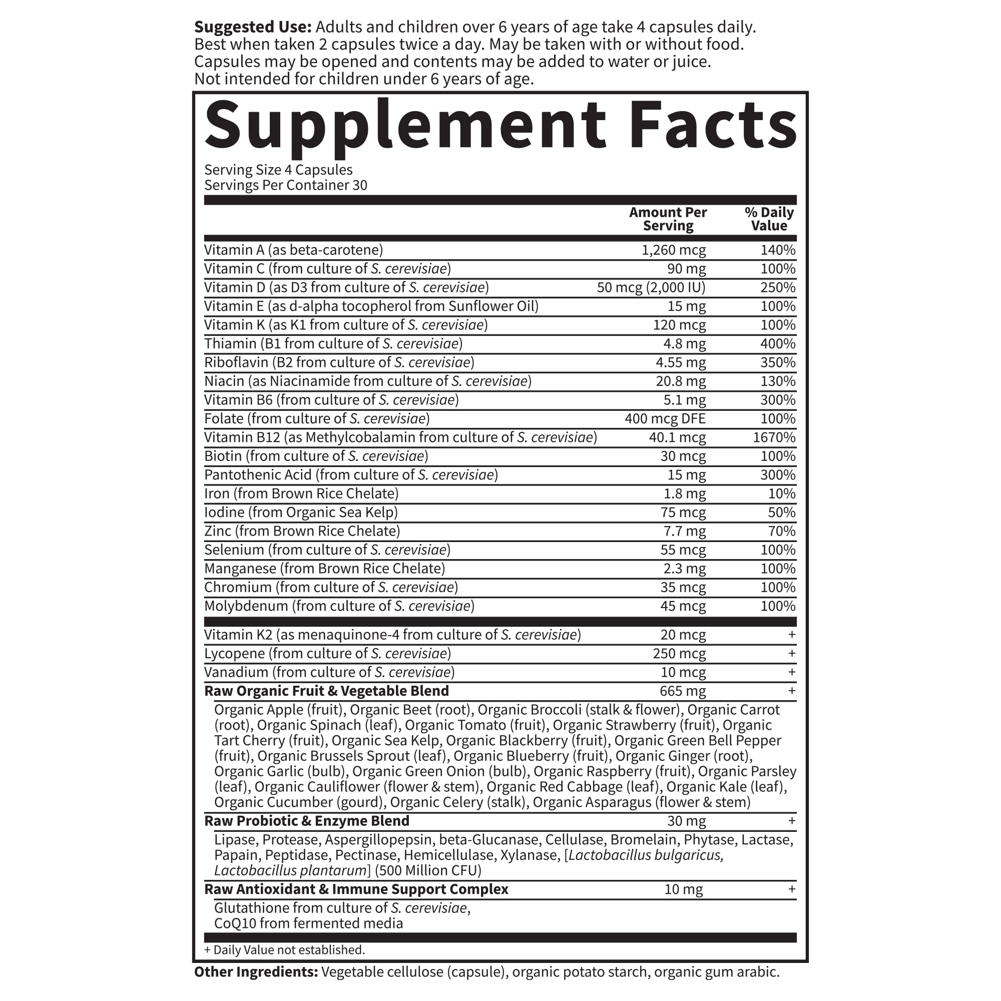 Garden of Life family-use image shows kids and adults taking vitamins together.