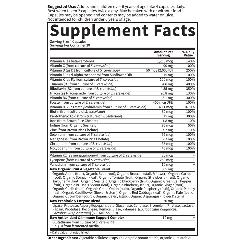 Garden of Life family-use image shows kids and adults taking vitamins together.