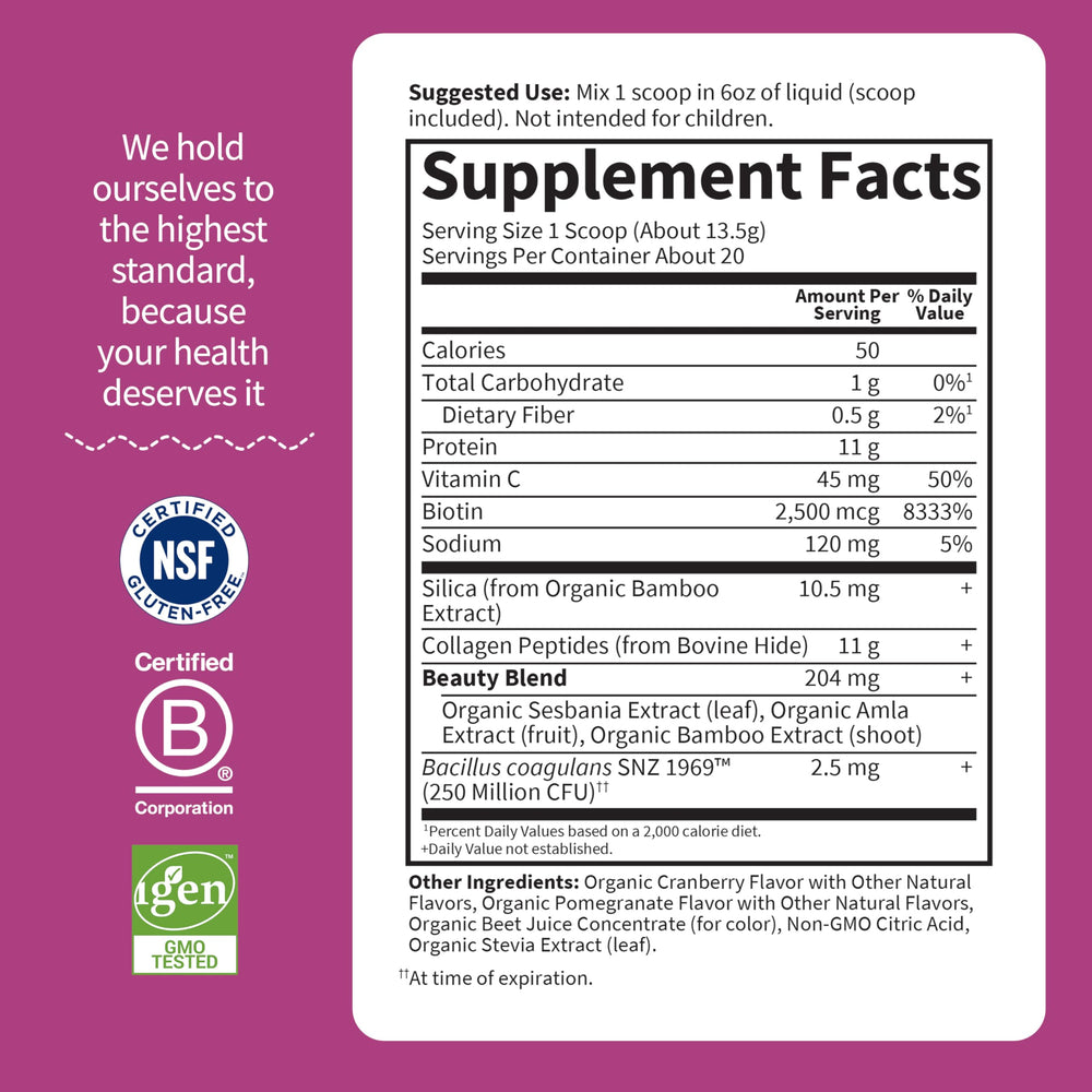 Close-up on silica and collagen ingredients showing health-forward mix