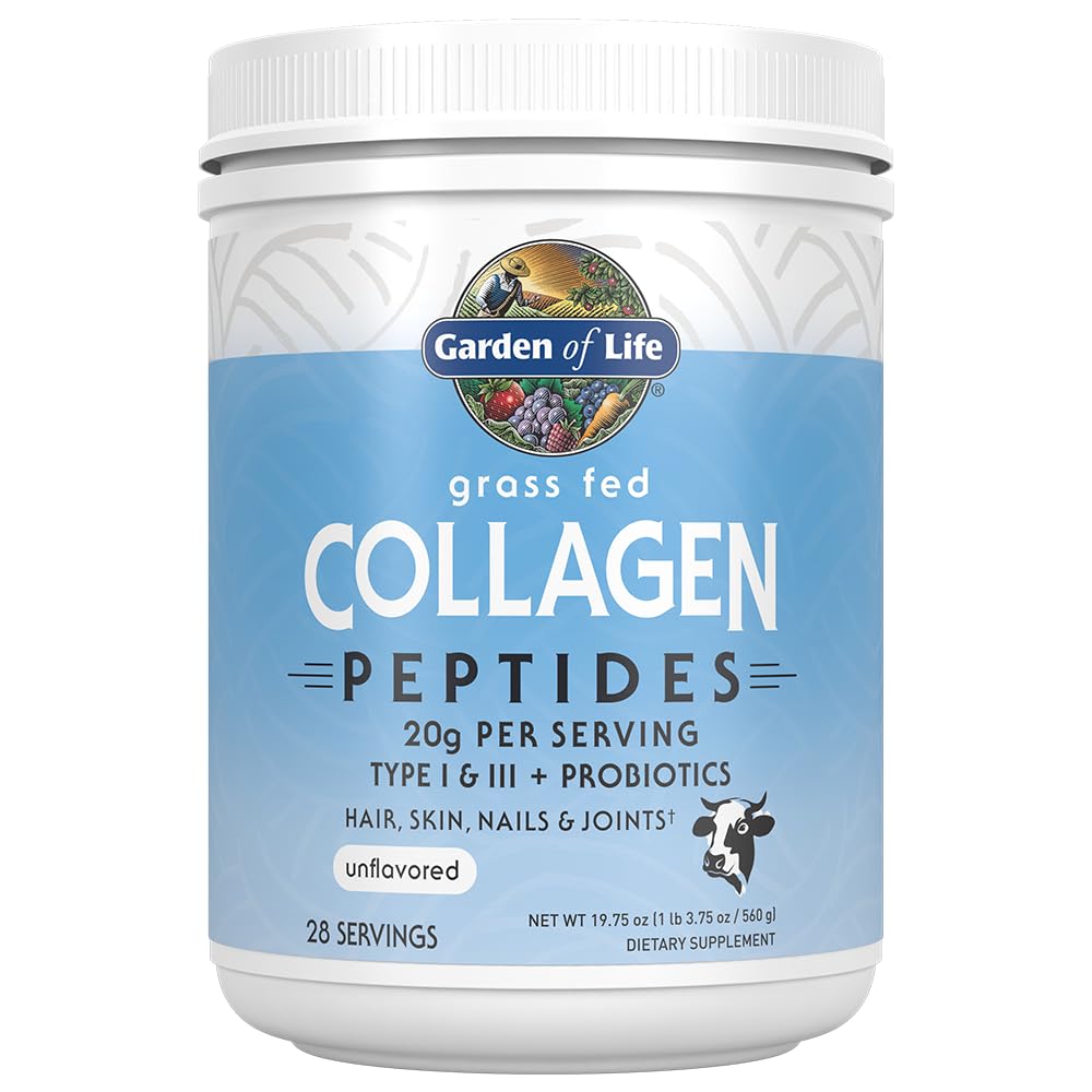Garden of Life grass fed collagen powder unflavored tub supports skin and joint wellness.