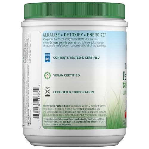 Garden of Life greens powder label mentioning probiotics and enzymes