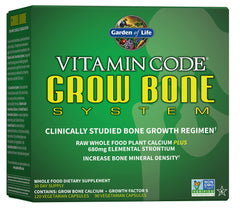 Garden of Life Grow Bone Algaecal bottle shows plant-based calcium for bone support.