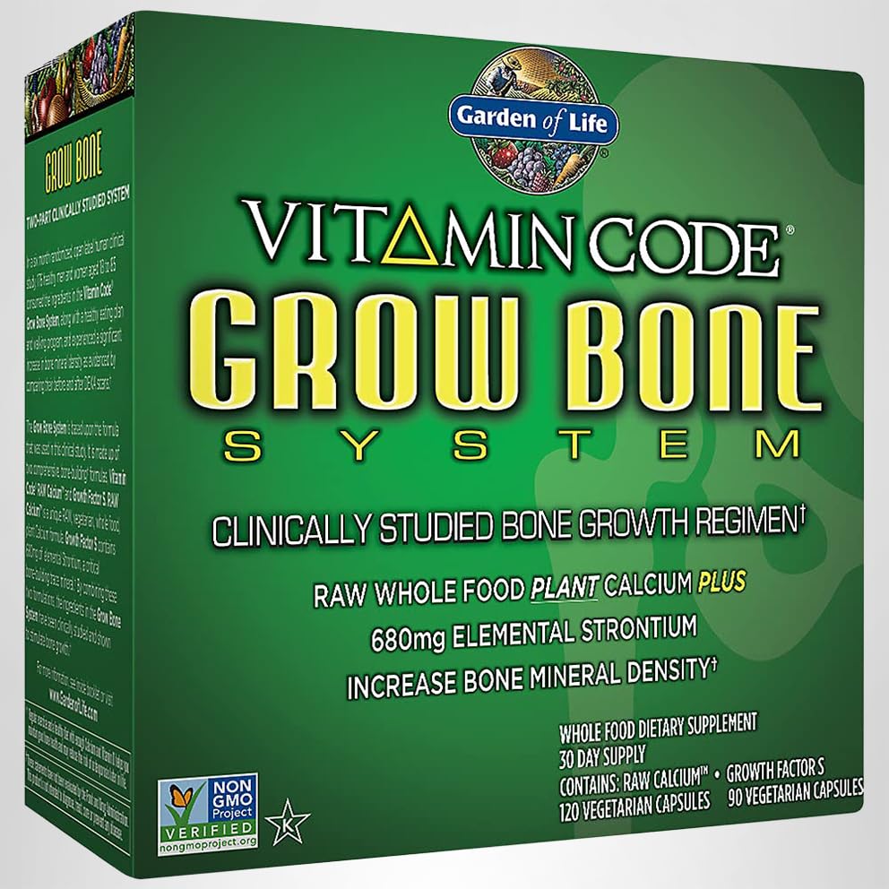 Garden of Life Grow Bone bottle pour demonstrates convenient daily dosing.