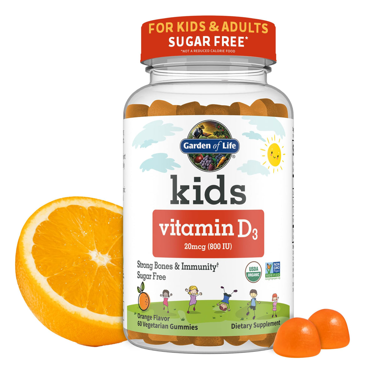 Garden of Life Kids D3 gummies orange bottle showing 60 servings.
