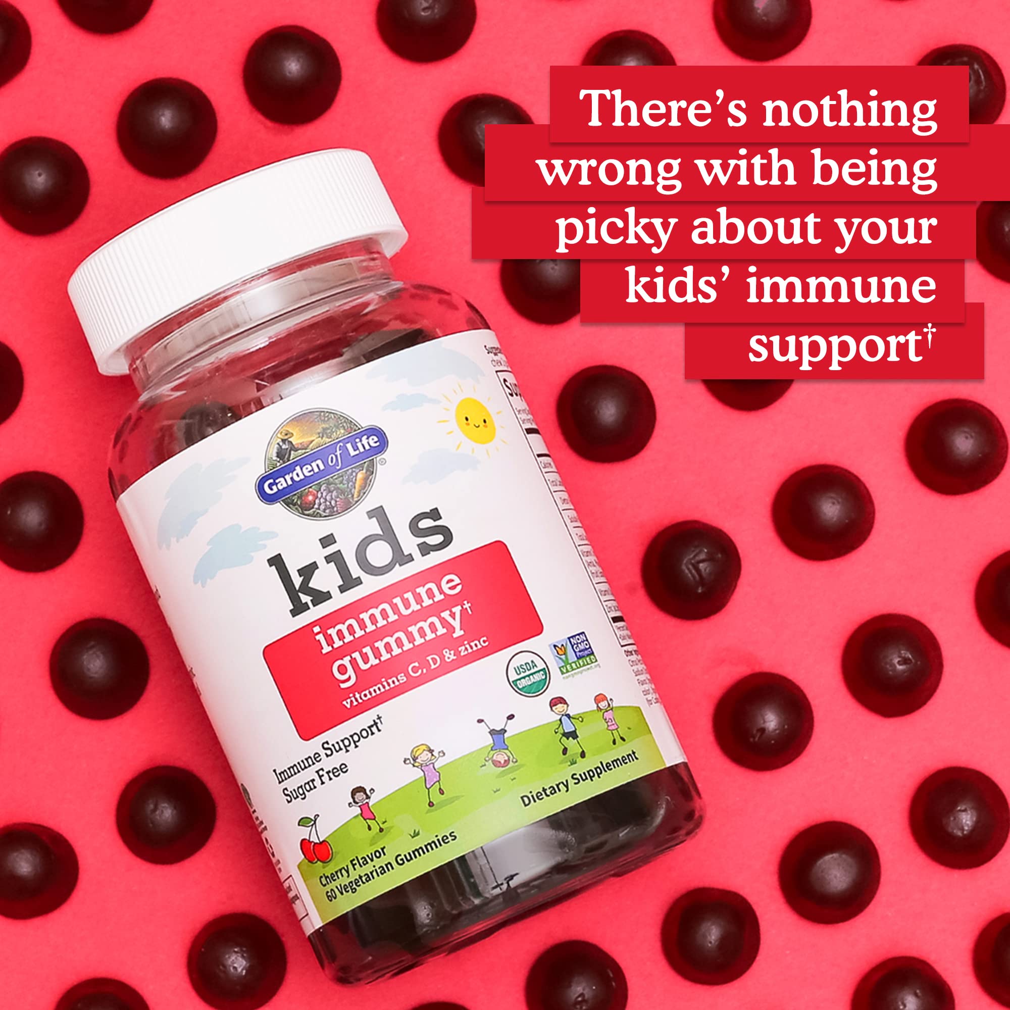 Garden of Life Kids Immune Gummies back label showing organic and Non-GMO verification.