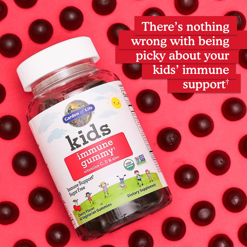 Garden of Life Kids Immune Gummies back label showing organic and Non-GMO verification.