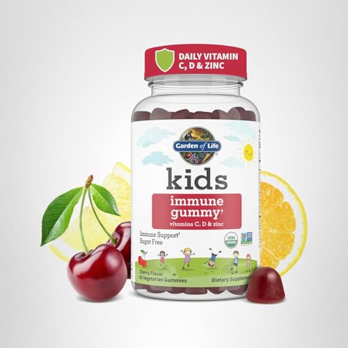 Garden of Life Kids Immune Gummies monk fruit-sweetened label close-up.