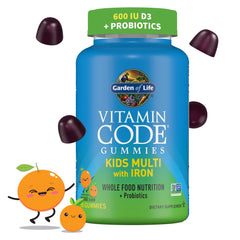 Garden of Life Kids Multivitamin Gummies with Iron bottle on a table supporting daily energy