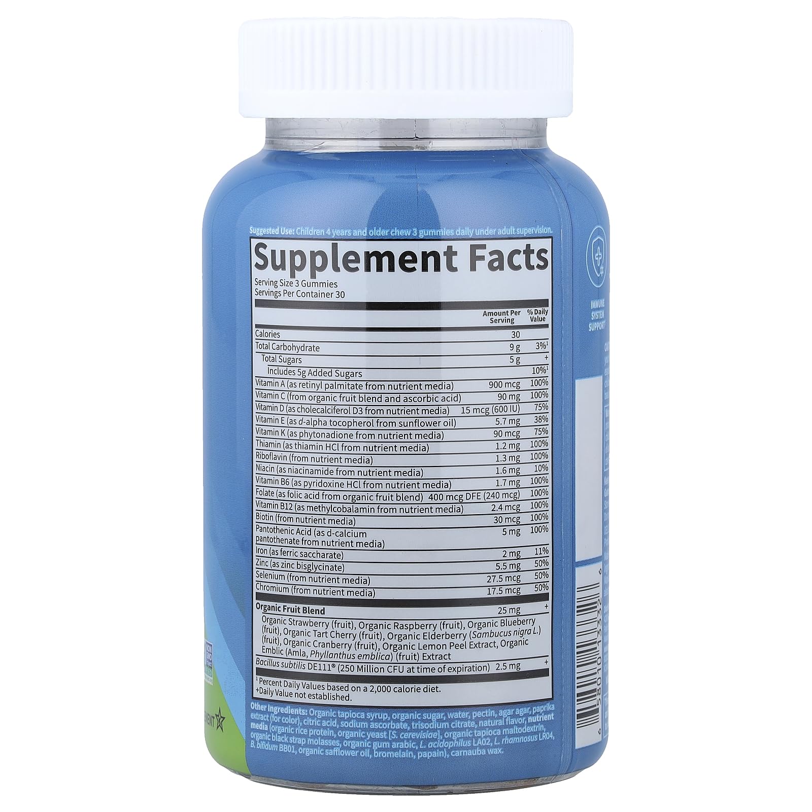 Garden of Life Kids Multivitamin Gummies with Iron label showing probiotics and digestive support