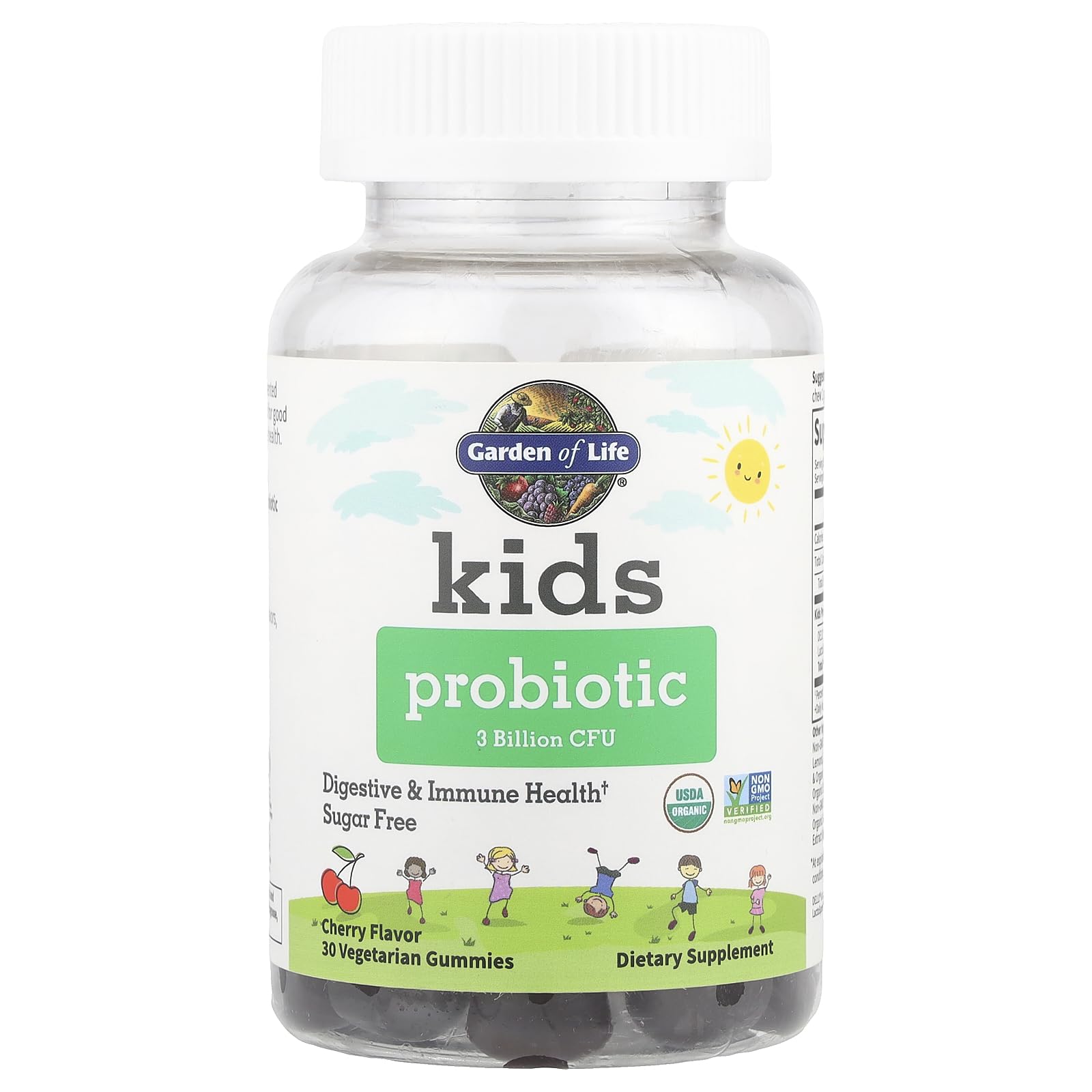 Garden of Life Kids Probiotic Cherry Gummies label highlighting organic and non-GMO ingredients