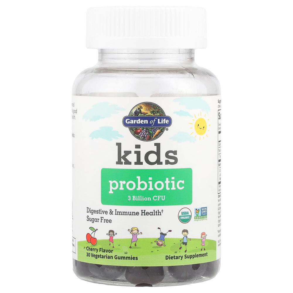 Garden of Life Kids Probiotic Cherry Gummies label highlighting organic and non-GMO ingredients
