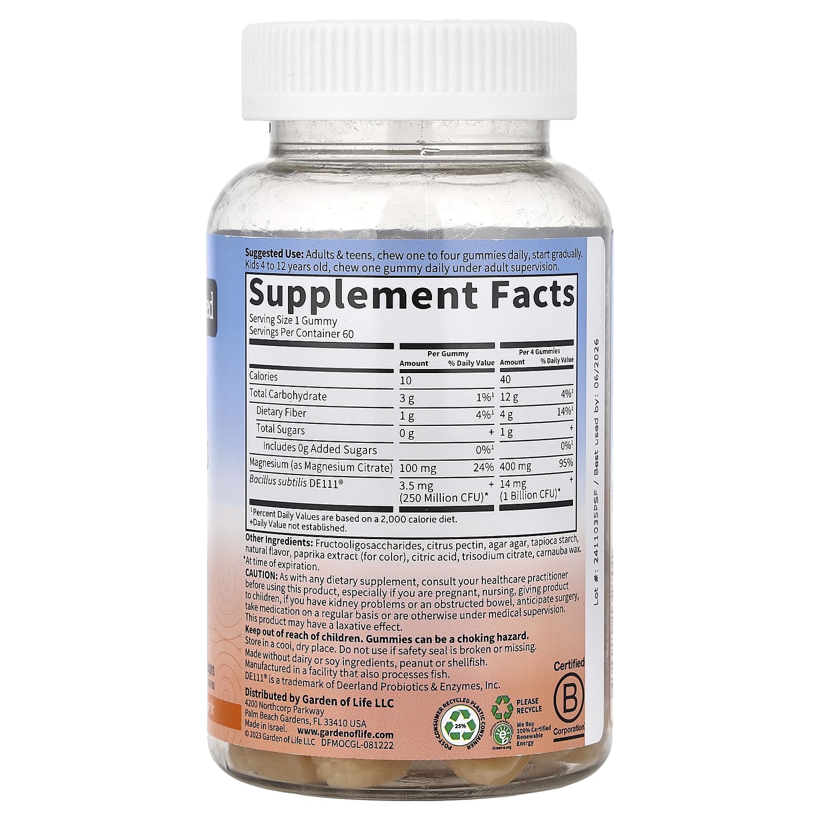 Garden of Life label highlights prebiotics and 1 Billion CFU DE111 probiotic