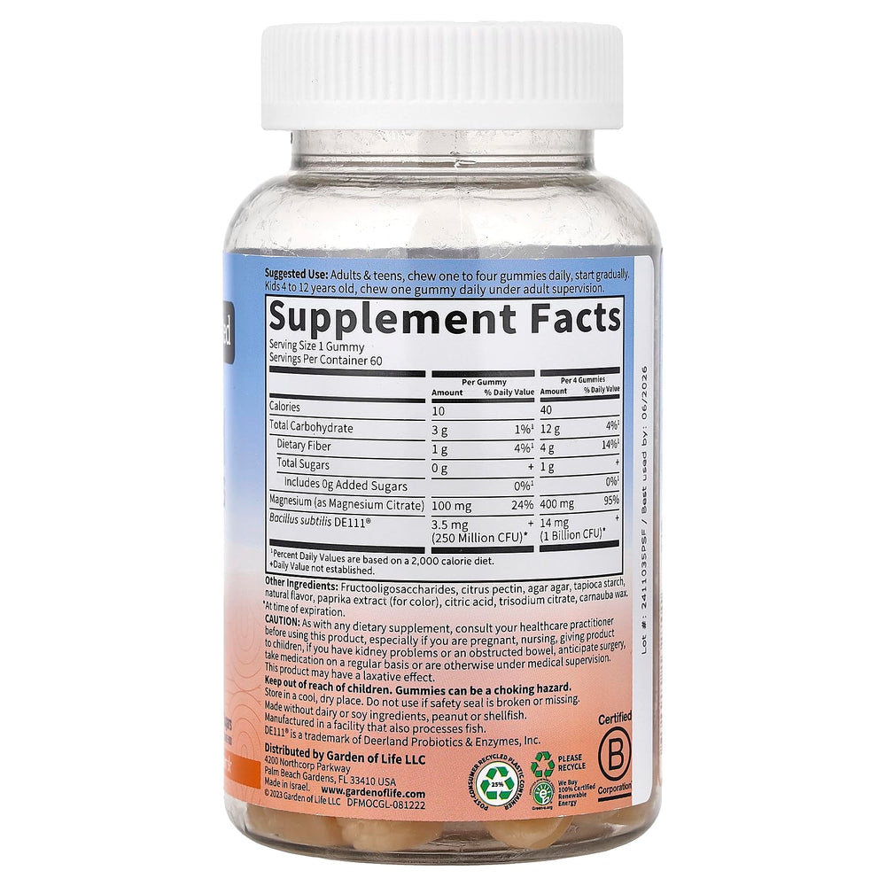 Garden of Life label highlights prebiotics and 1 Billion CFU DE111 probiotic