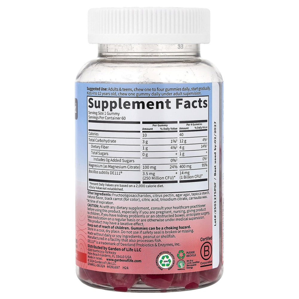 Garden of Life Gummies ingredients label highlighting magnesium, prebiotics, and DE111 probiotic