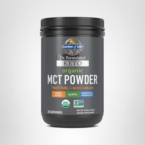 Opened Garden of Life MCT powder bottle stored in fridge for freshness