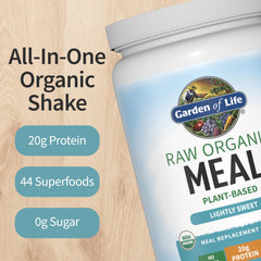 Garden of Life meal formula with sprouted quinoa, chia, and flax in focus
