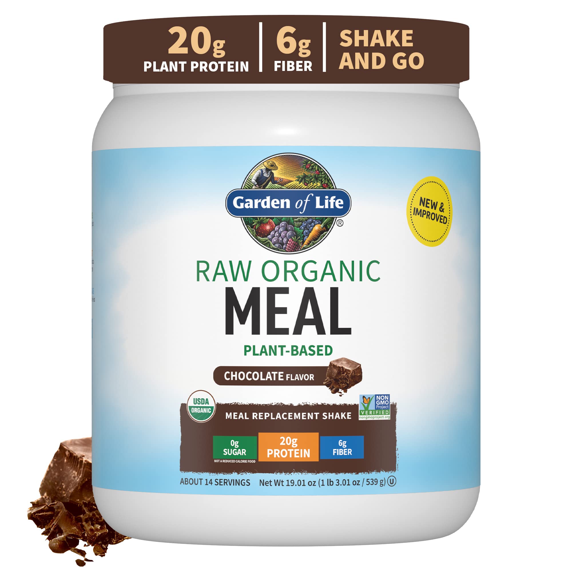 Garden of Life Meal Replacement Shakes chocolate bottle highlighting plant-based protein.