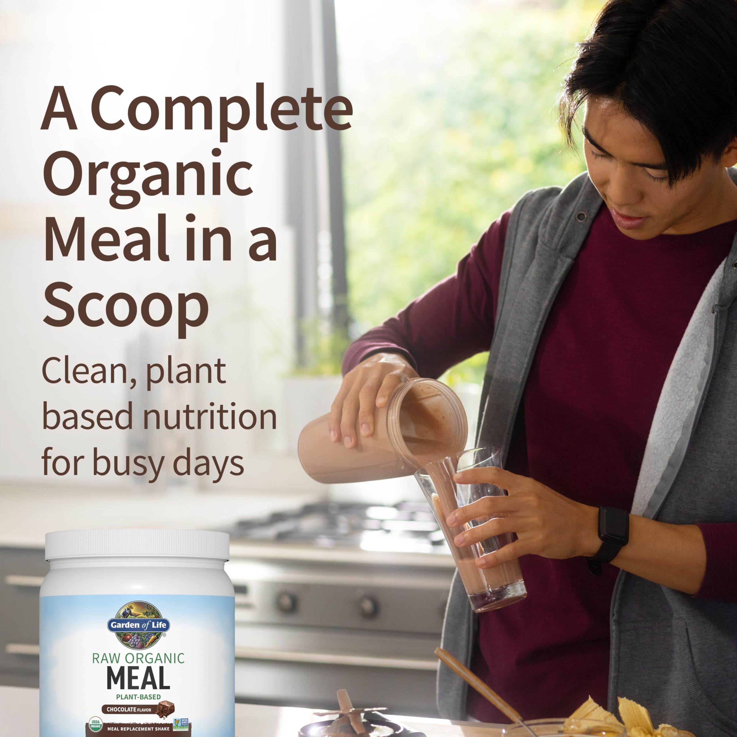Garden of Life meal replacement shakes chocolate powder bag showing 20g protein per serving.