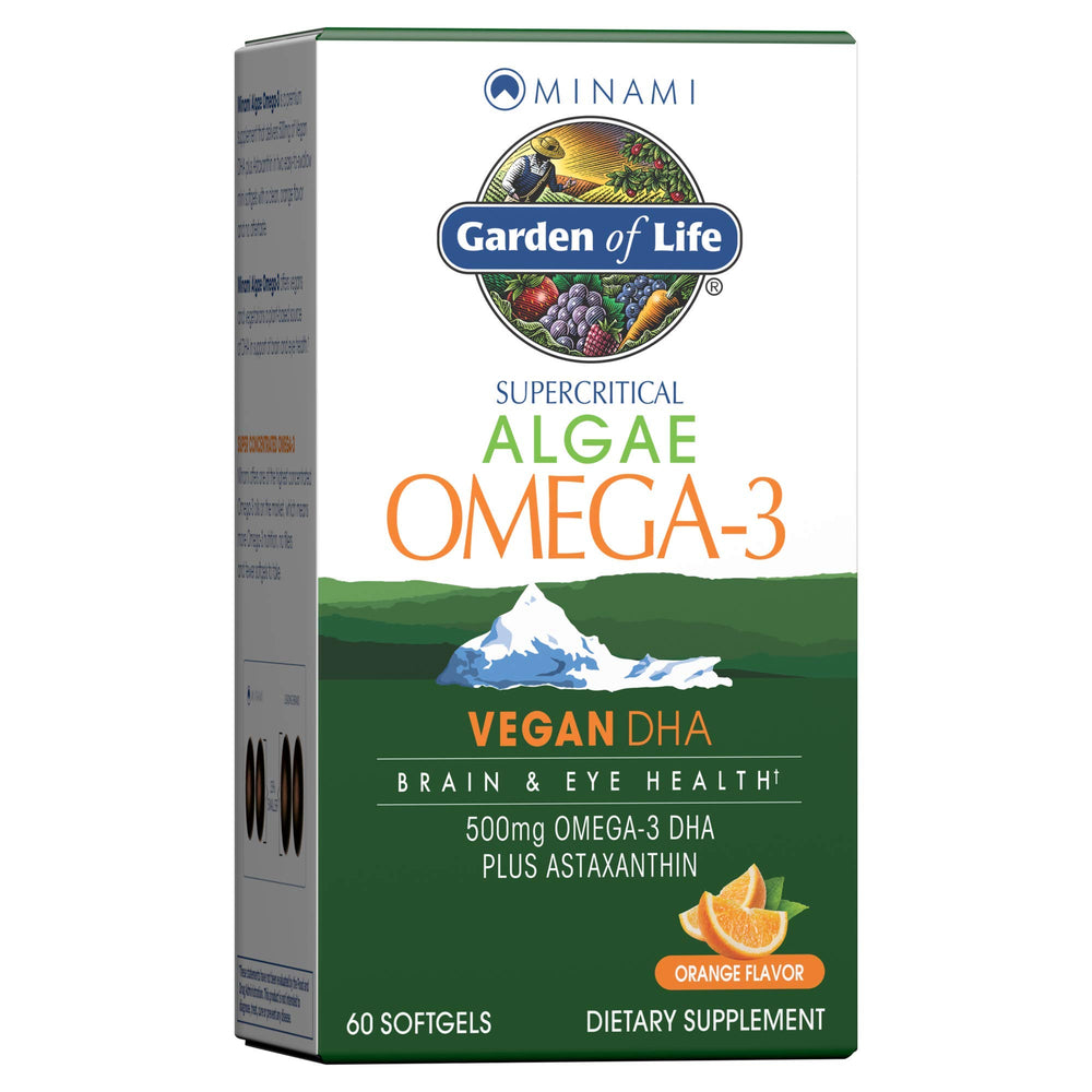 Garden of Life Minami Algae Omega-3 bottle showing 60 mini softgels for daily DHA