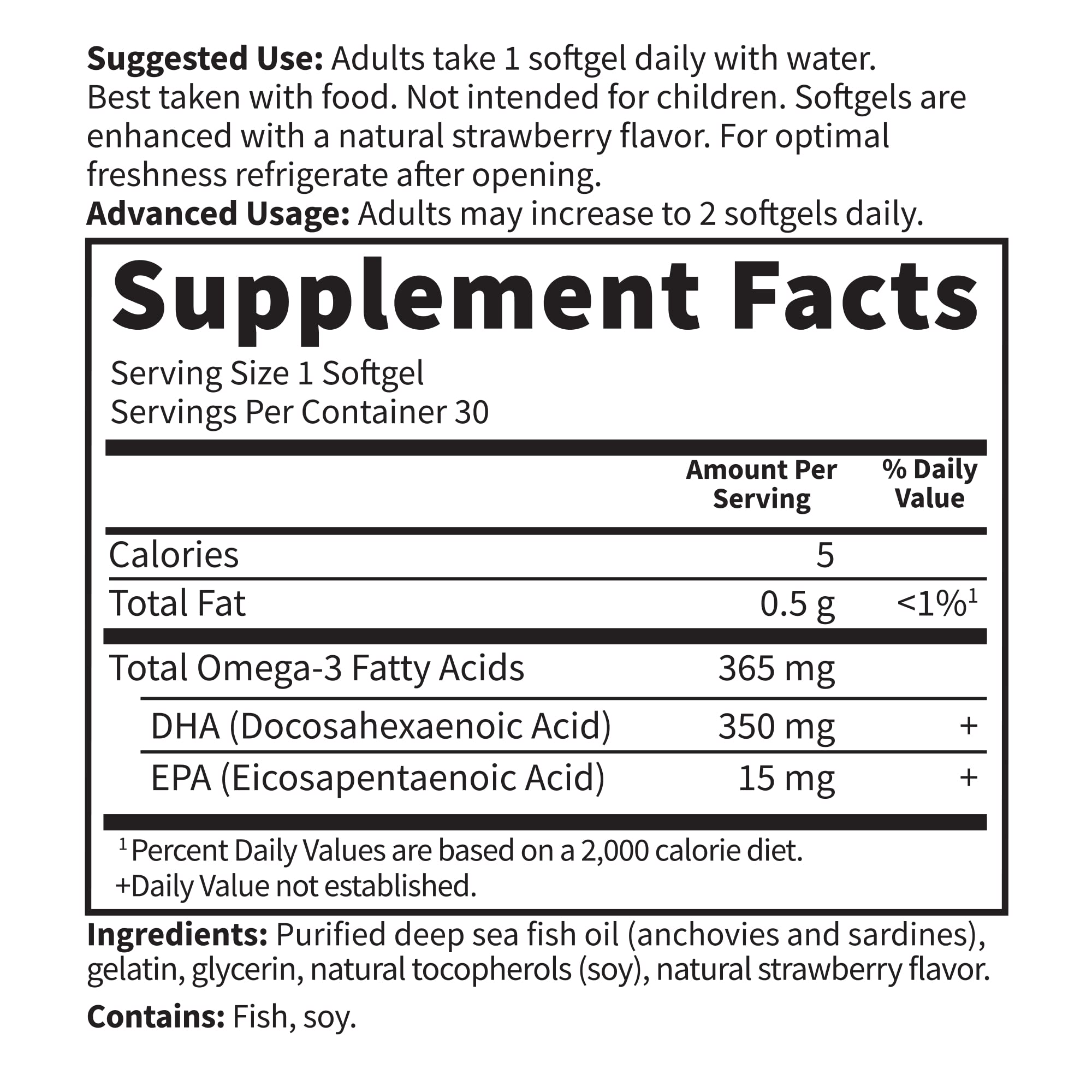 Nutrition facts panel highlights 350 mg DHA and 15 mg EPA per softgel