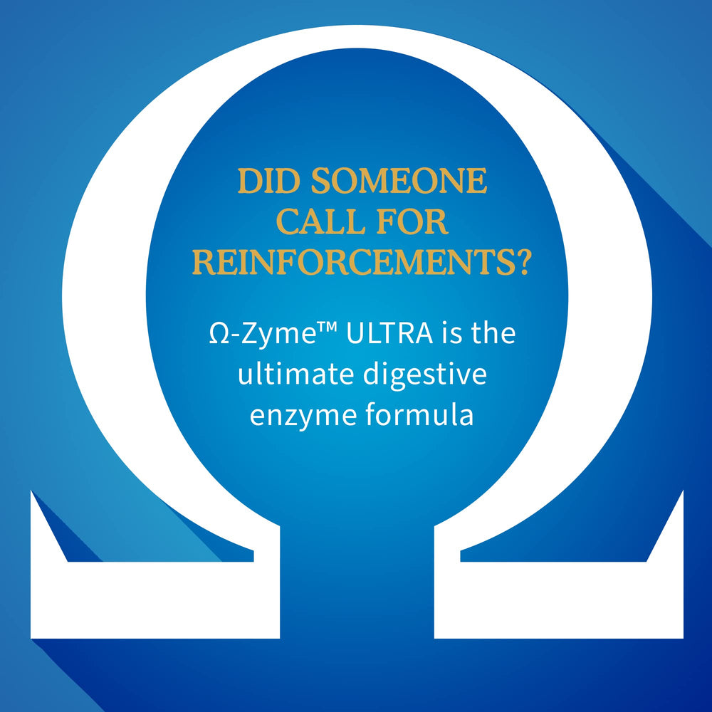 Close-up of Omega-Zyme Ultra ingredient blend highlighting 21 enzymes