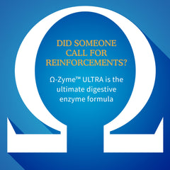 Close-up of Omega-Zyme Ultra ingredient blend highlighting 21 enzymes
