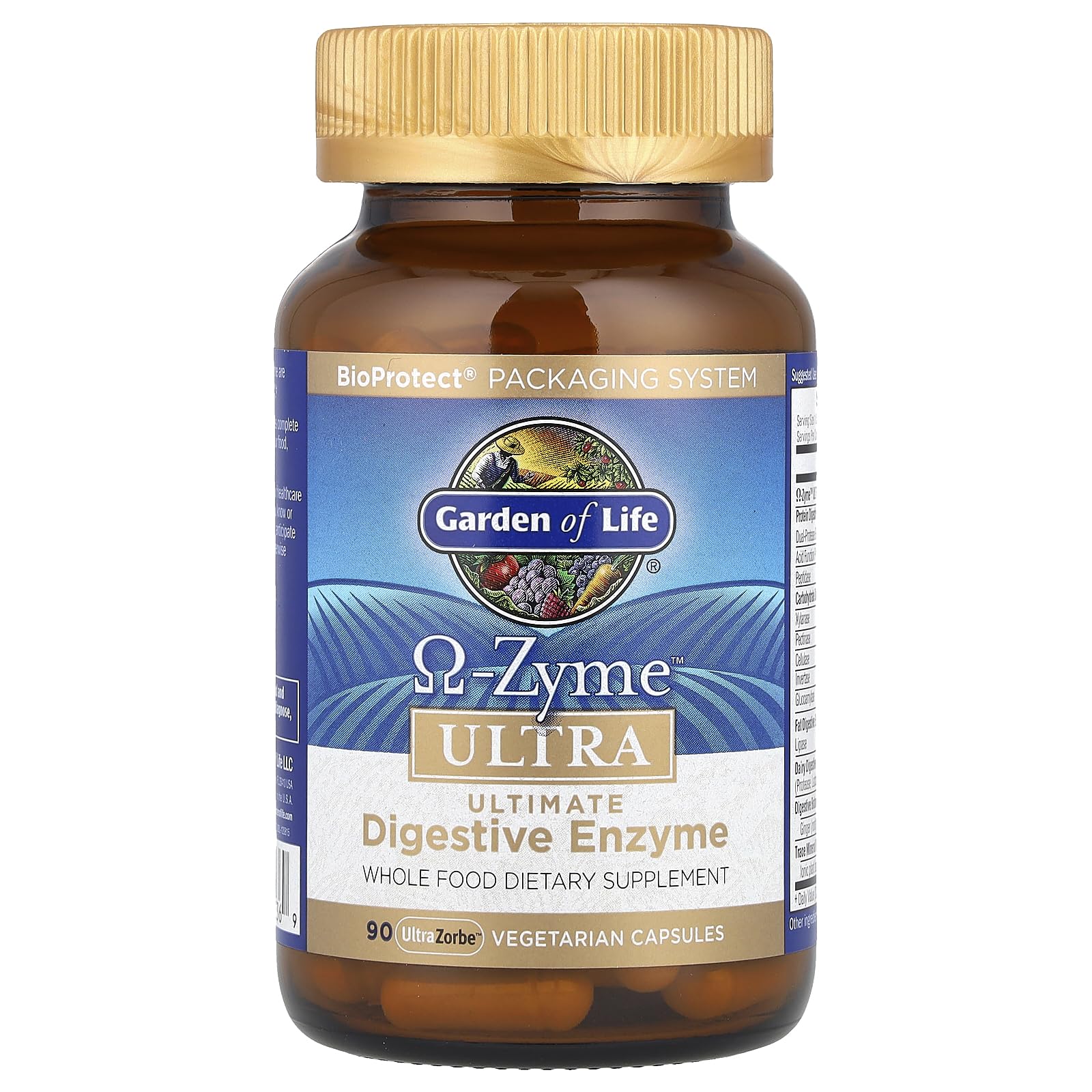 Omega-Zyme Ultra label close-up showing vegetarian and gluten-free notes