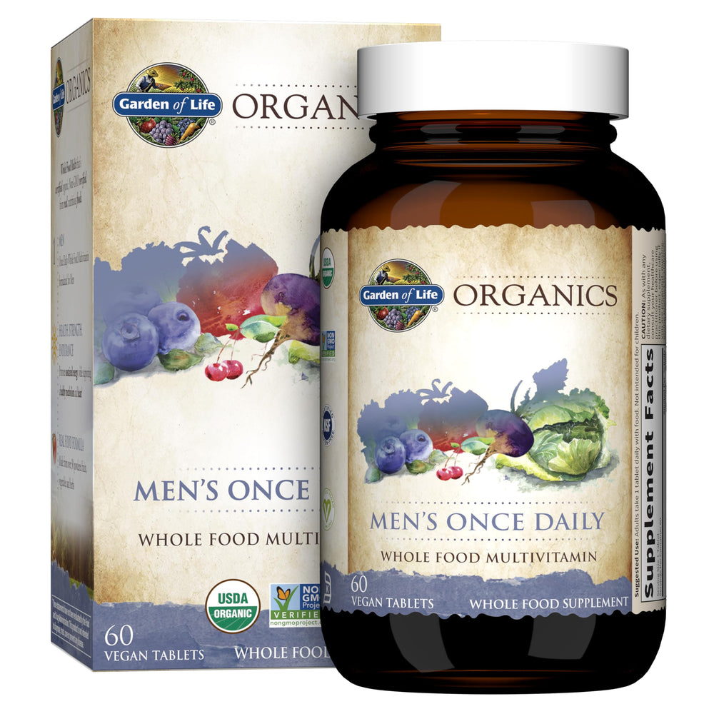 Garden of Life Once Daily Men bottle front showing real-food formula for daily energy