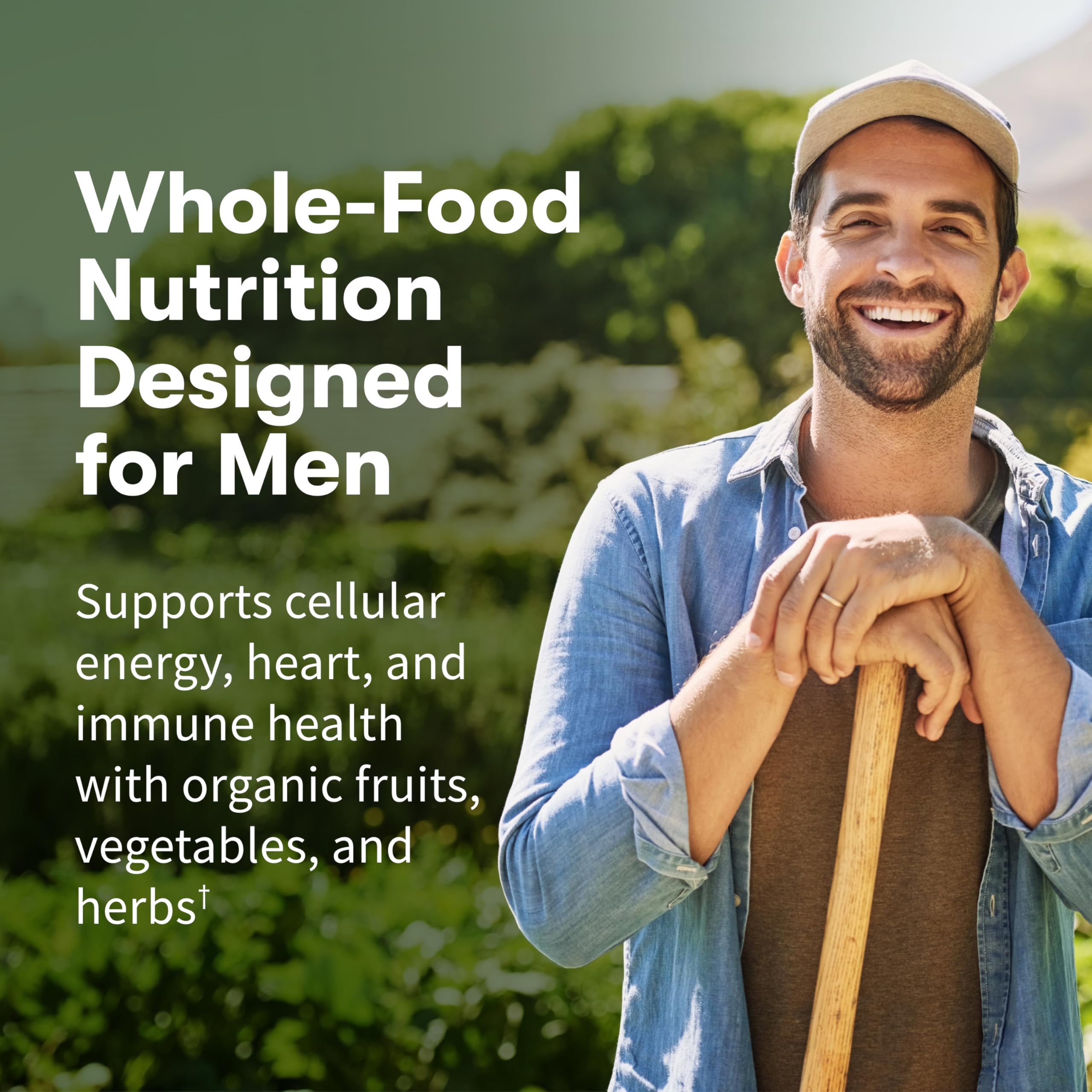 Garden of Life Once Daily Men label closeup highlighting organic ingredients and vegan formula