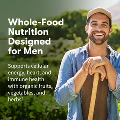 Garden of Life Once Daily Men label closeup highlighting organic ingredients and vegan formula