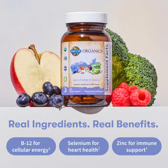 Garden of Life Once Daily Men organic-fruits-vegetables visuals emphasize real-food nutrition