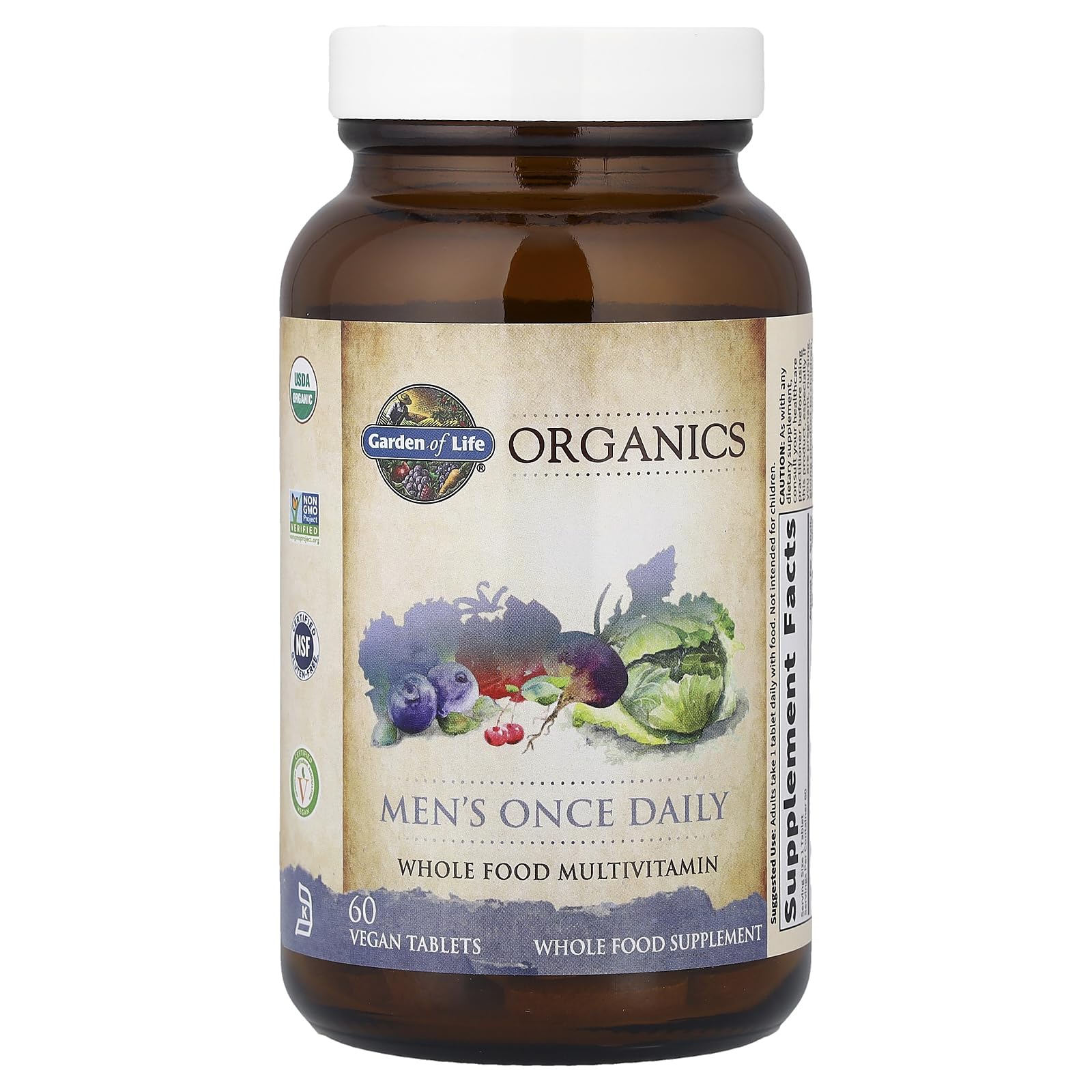 Garden of Life Once Daily Men vegan tablet closeup and gluten-free nutrition