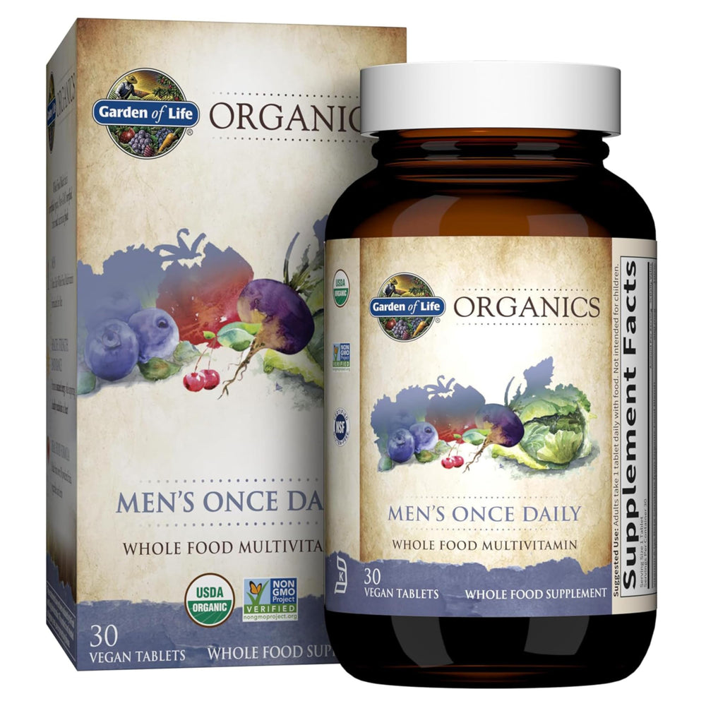 Garden of Life Once Daily Men's Multivitamin bottle; supports daily energy and wellness.