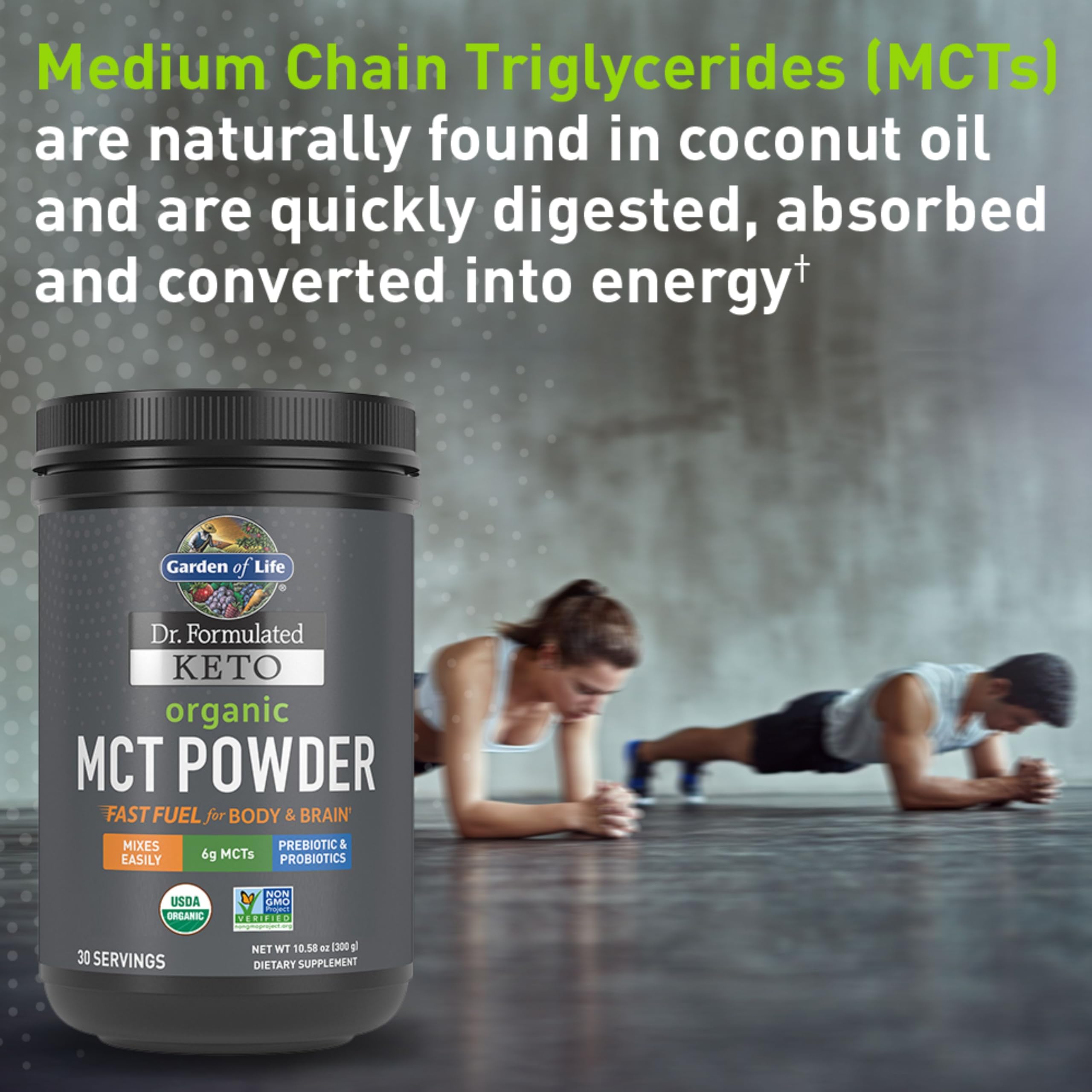 Garden of Life organic MCT powder being poured into smoothie for creaminess.
