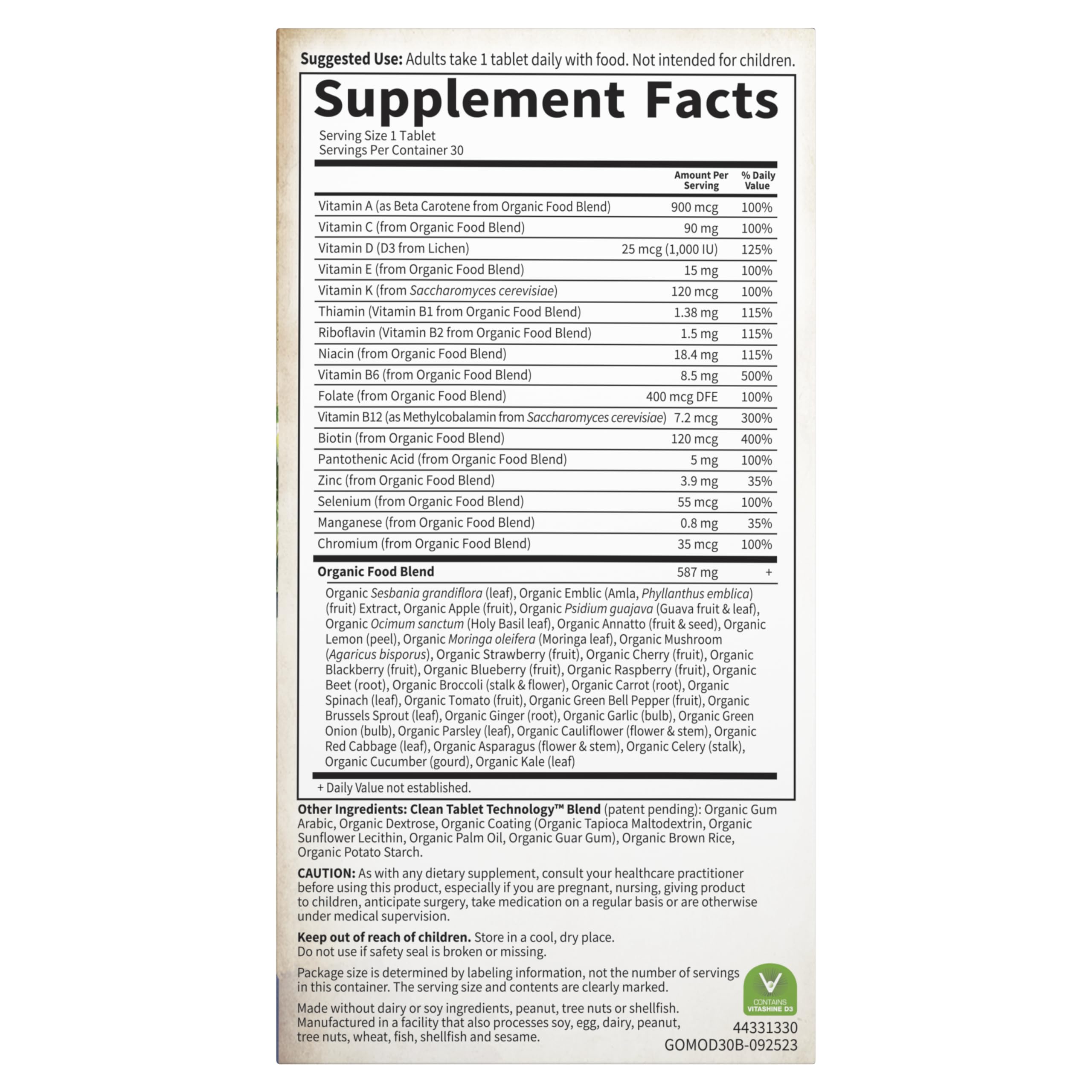 Garden of Life Organic Non-GMO certification; trusted clean multivitamin standard.