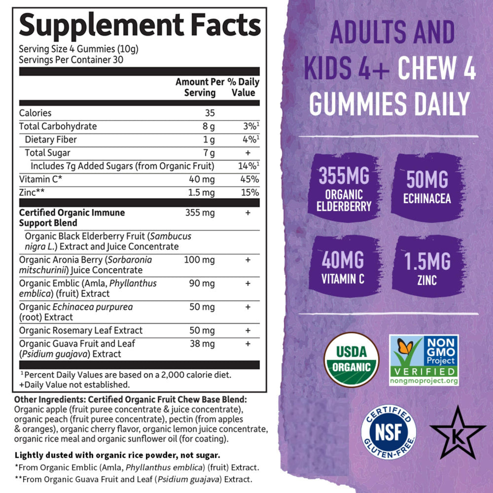 Garden of Life Organics Elderberry Gummies ingredients chart highlighting organic fruit and herbs.