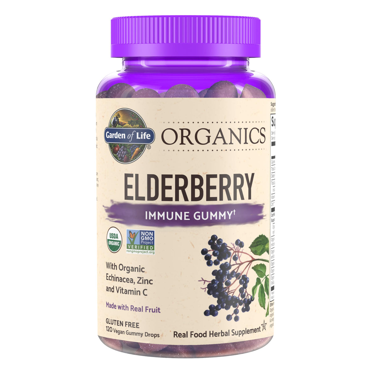 Garden of Life Organics Elderberry Gummies pack shot showing family-friendly immune support.