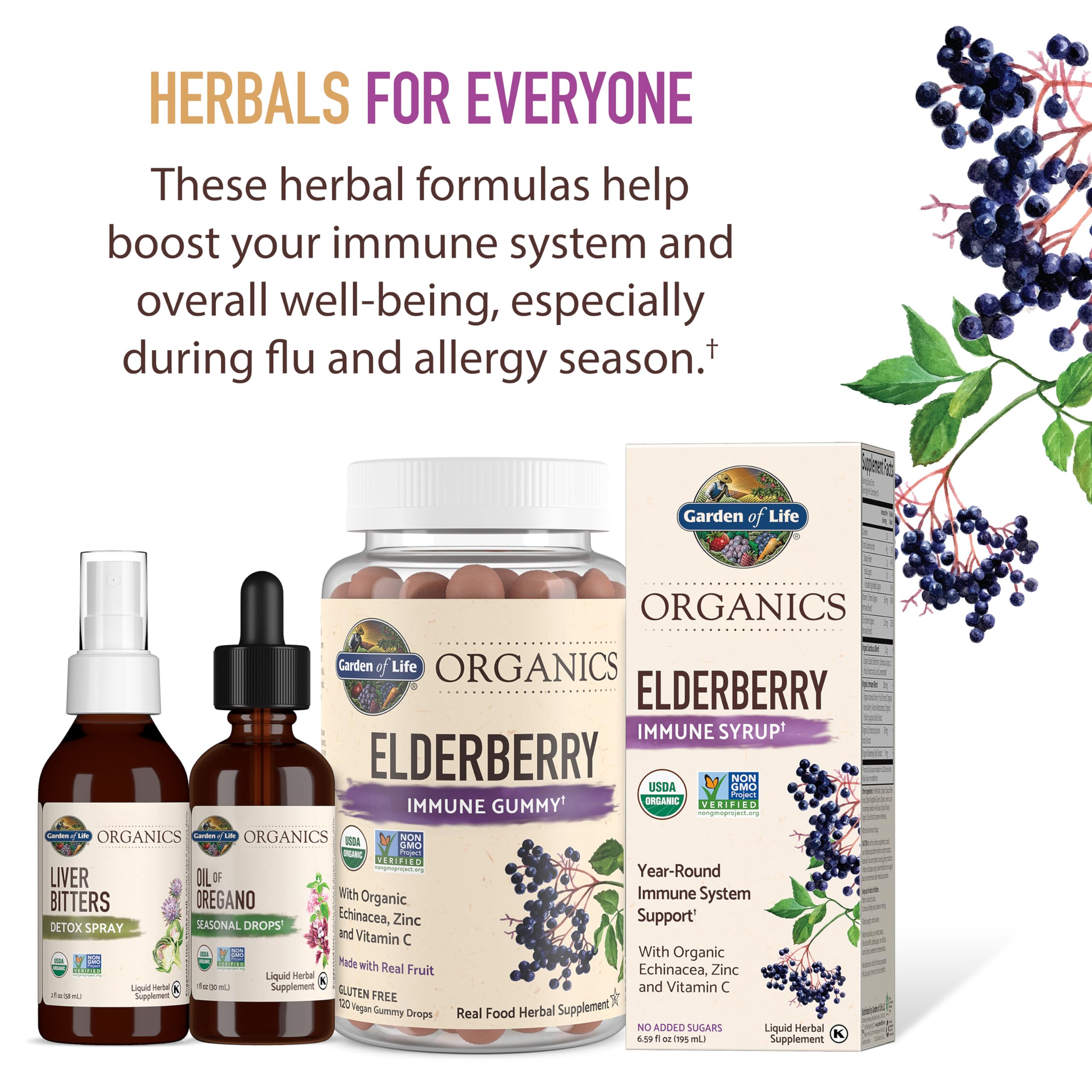 Garden of Life Organics Elderberry Gummies vegan label emphasizing plant-based wellness.