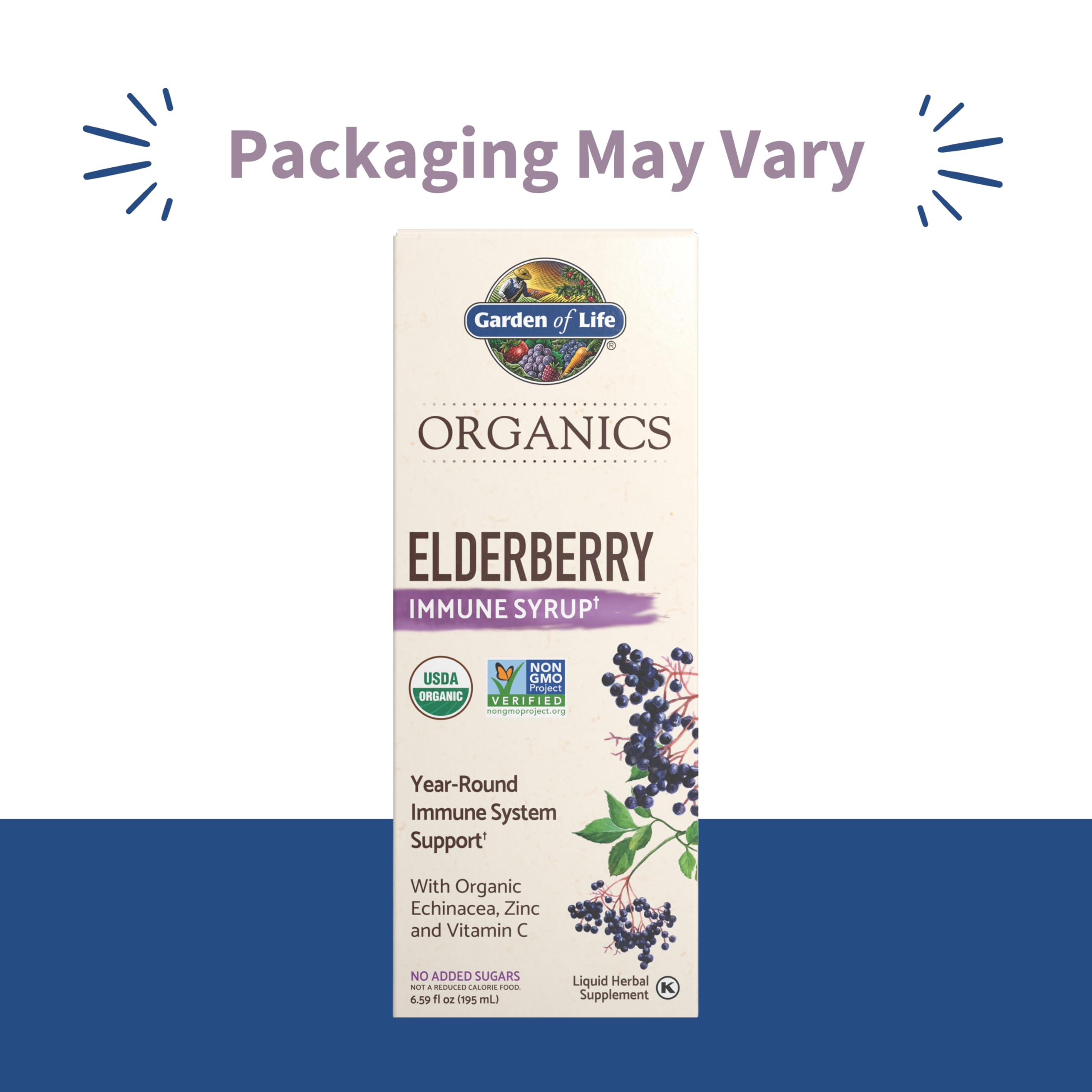 Garden of Life Organics elderberry immune syrup bottle back label showing ingredients and vegan notes