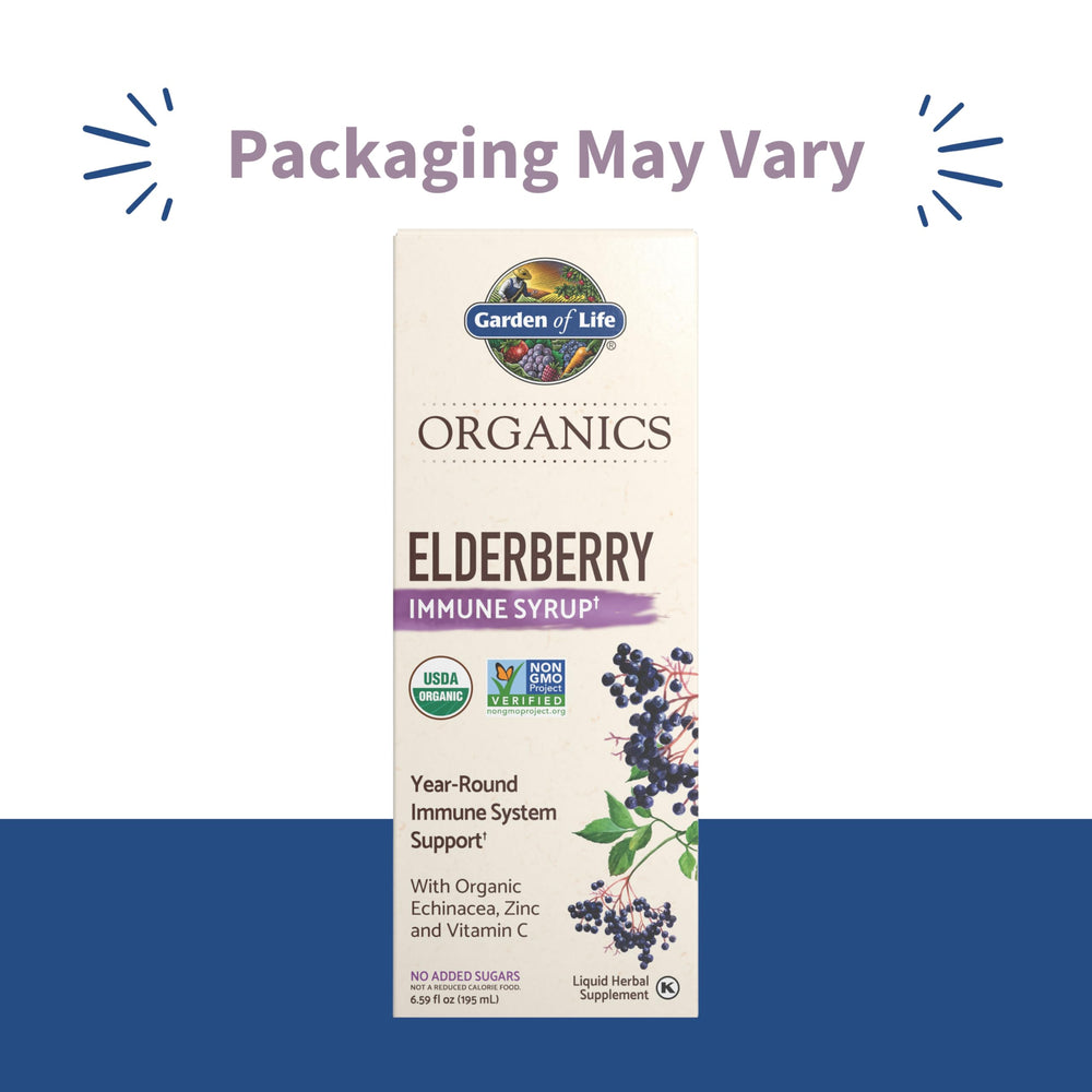 Garden of Life Organics elderberry immune syrup bottle back label showing ingredients and vegan notes