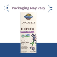 Garden of Life Organics elderberry immune syrup bottle back label showing ingredients and vegan notes