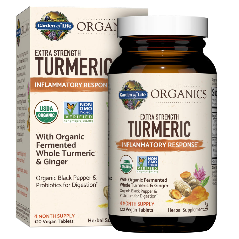 Garden of Life Organics Extra Strength Turmeric bottle front showing organic, non-GMO formula for daily support