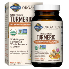 Garden of Life Organics Extra Strength Turmeric bottle front showing organic, non-GMO formula for daily support
