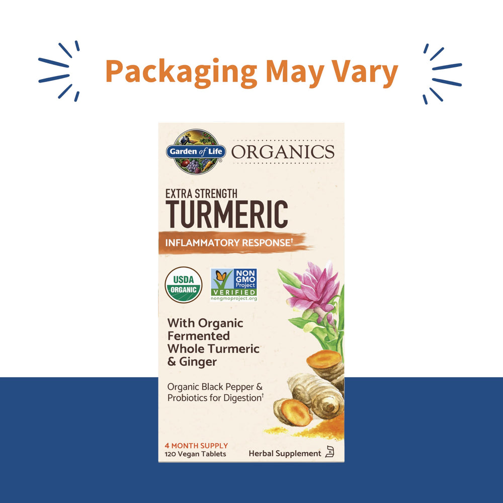Garden of Life Organics Extra Strength Turmeric tablets close-up highlighting fermentation for bioavailability