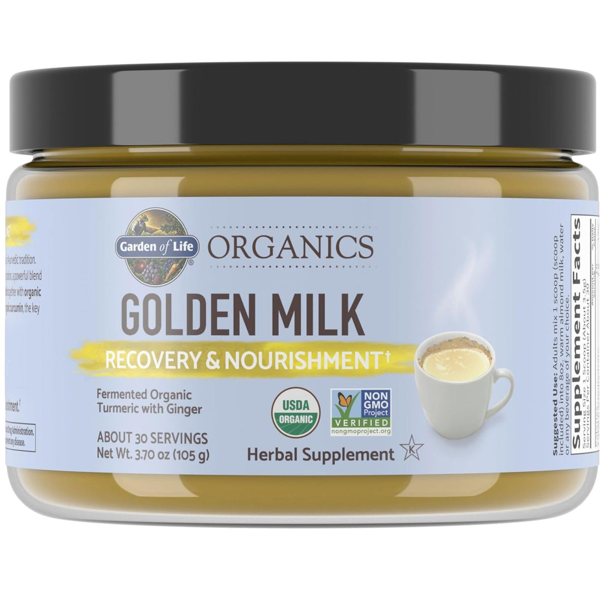 Garden of Life Organics Golden Milk powder tub for a soothing bedtime beverage.