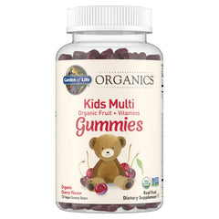 Garden of Life Organics Kids Multi Gummies bottle shot showcases kid-friendly vitamins.