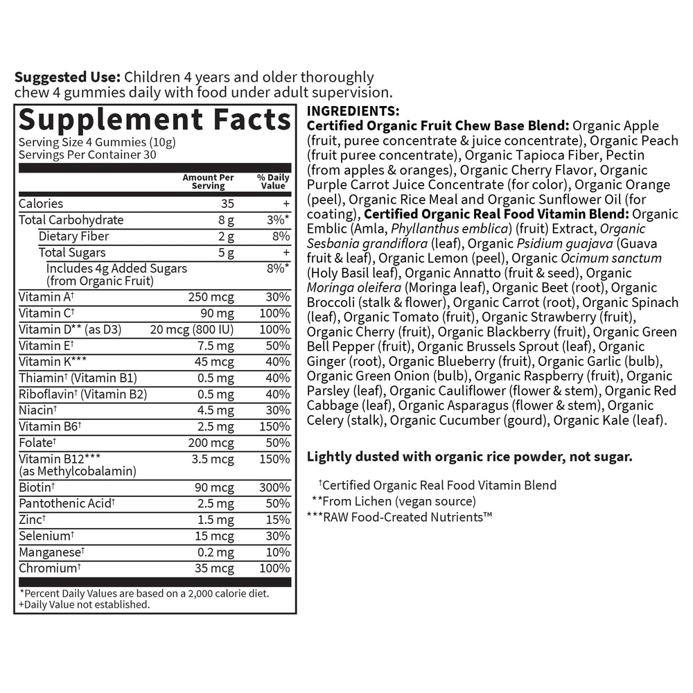 Garden of Life Organics Kids Multi Gummies pectin-based texture visible, kid-friendly chew.