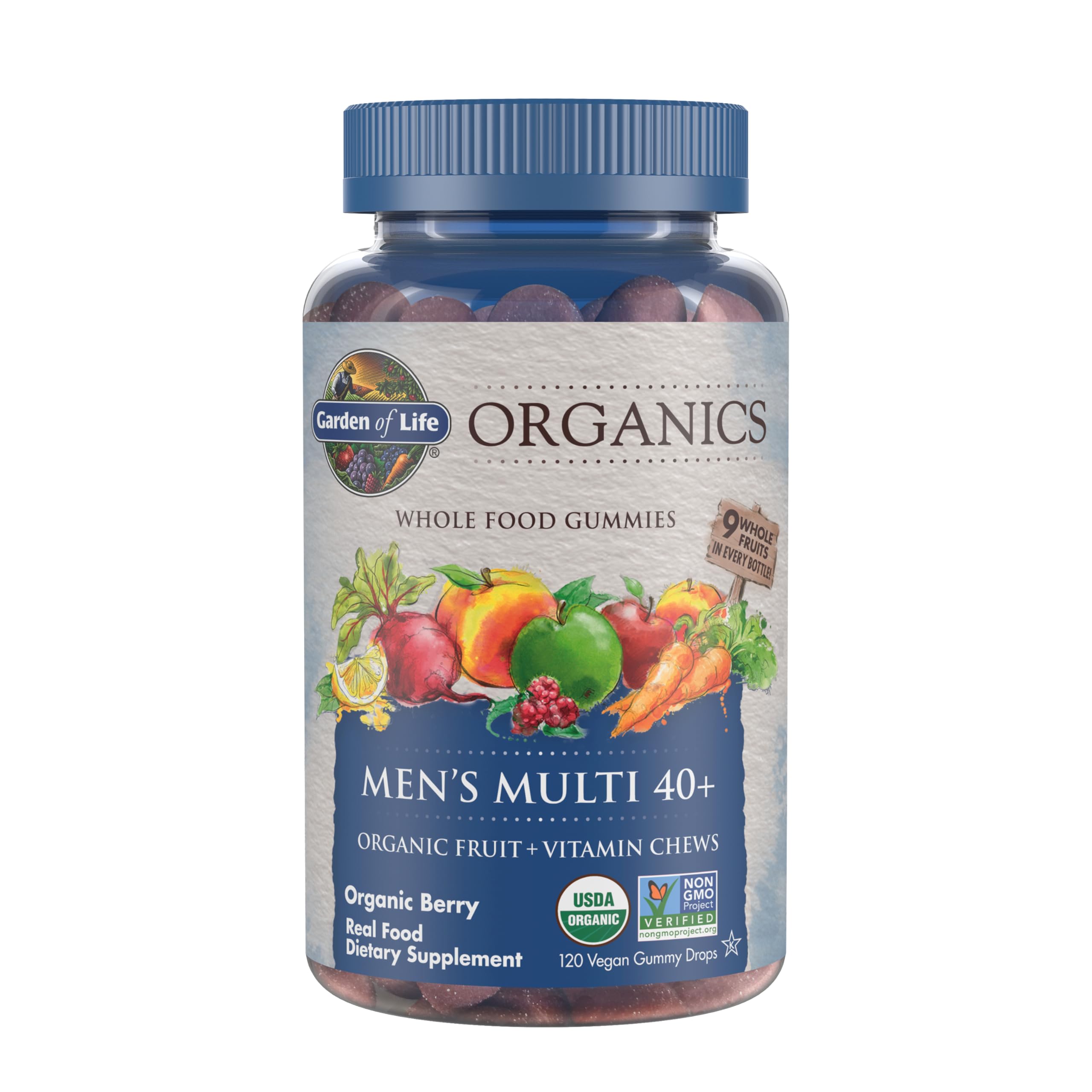 Garden of Life Organics Men 40+ Multi Gummies bottle offers organic berry vitamins for daily wellness.